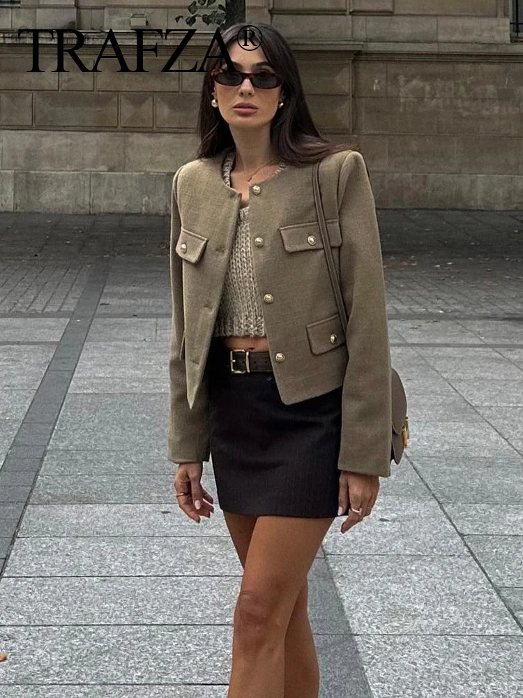 TRAFZA Women Elegant Solid Coat Button Long Sleeve Textured Round Neck Flip Pocket Short Jacket 2024 Female Office Outerwear