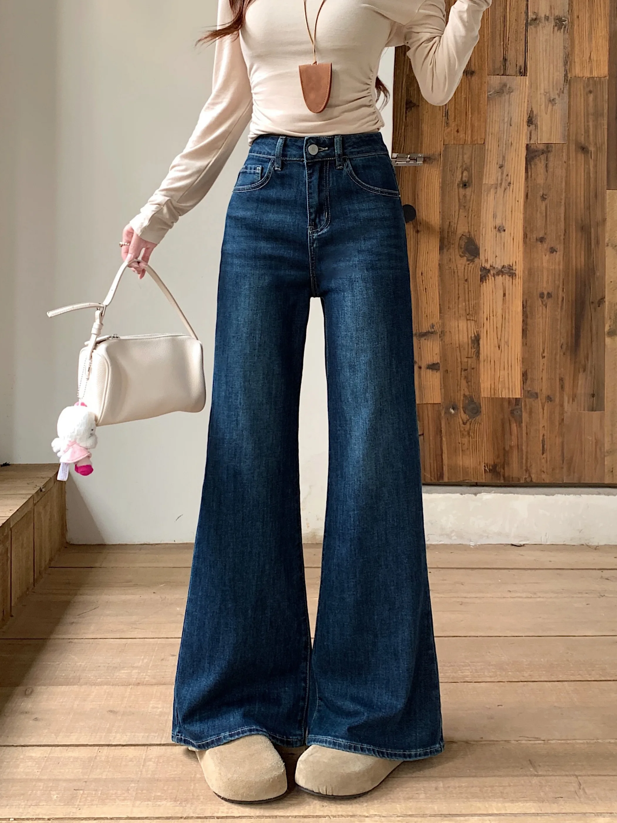 

Retro Hong Kong Style High Waist Blue Jeans Women's Spring Bell Bottoms Slimming Floor Length Straight Leg Pants