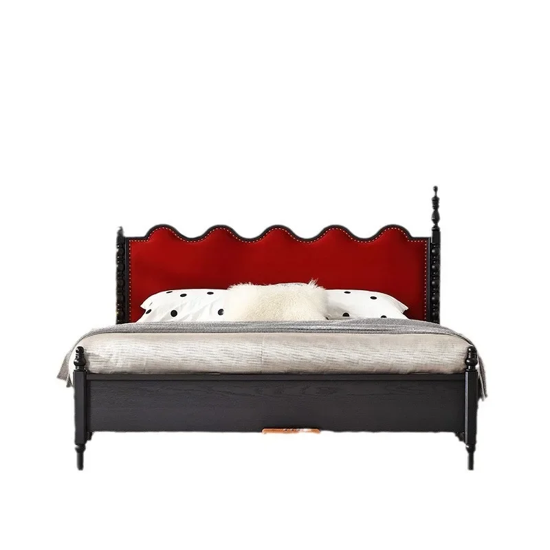 Burgundy French, retro medieval 1.8 meters solid wood bed, double bed, master bedroom wedding bed factory