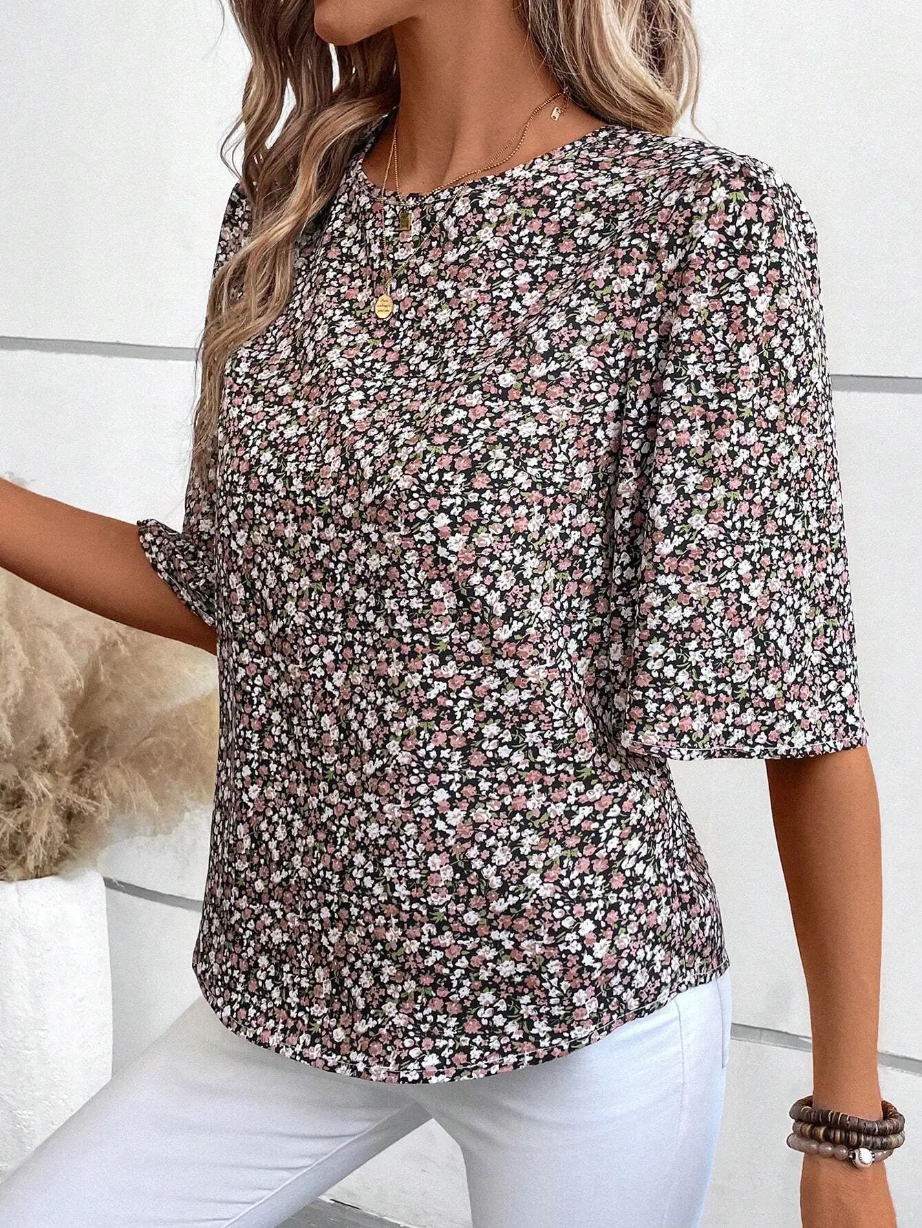 

Повседневная блузка с цветочным принтом и рукавами-фонариками, топ с рукавами три четверти для женщин