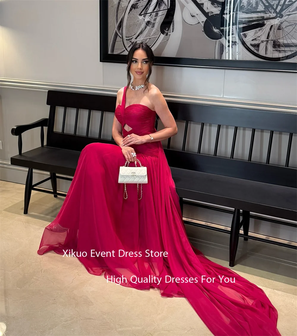 Xikuo fúcsia chiffon cortar vestidos de noite assimétrico ombro plissado vestidos de festa elegantes vestidos de fiesta personalizados