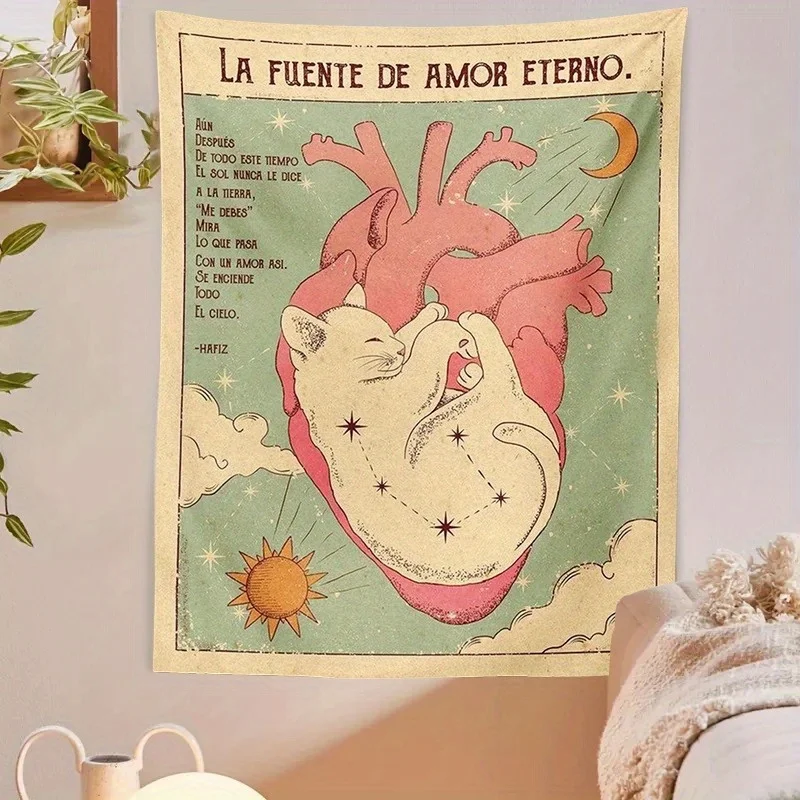 VIKAMA Vintage Wandteppich mit Herz- und Katzenmotiv, spanische Illustration „Ewige Liebe“, Wandbehang für Schlafzimmer, Wohnzimmer, Homestay-Dekoration