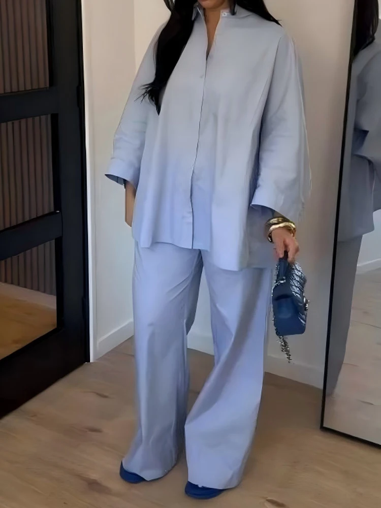 

Casual Long Sleeve Shirts & Wide Leg Pant Suits 2026 Women Elegant Pocket Solid Loose Sets Fashion Commute Lapel Button Outfits