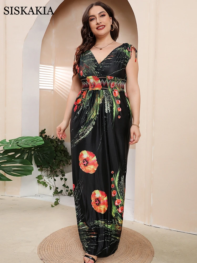 Plus Size Silk Floral Print Beach Bohemian Dress Women Sexy Deep V Neck Loose Long Dress Ladies Summer Boho Femme Robe 4XL 5XL