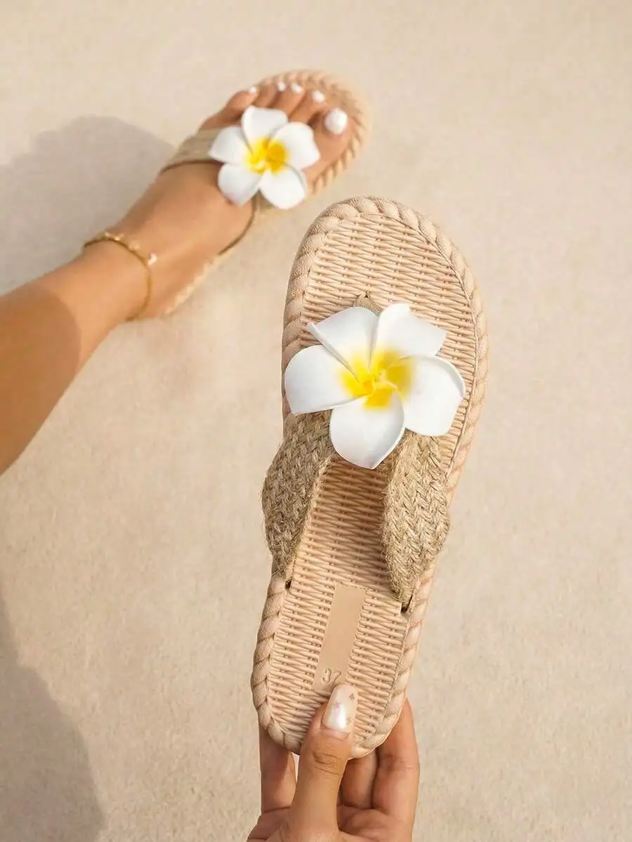 

New 3D White Flower Decor Flip Flops For Women, Woven Texture Casual Vacation Style Beach Sandals, Comfortable Lightweig