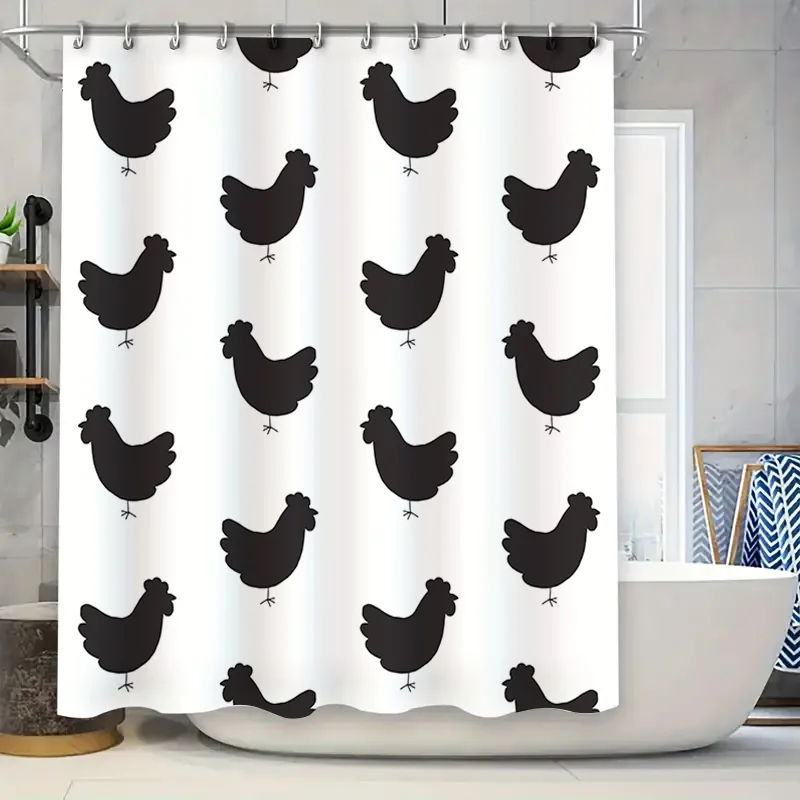 

waterproof shower curtain featuring a cute black chicken print design for home bathroom decor. Perfect gift idea! #bathroomacces