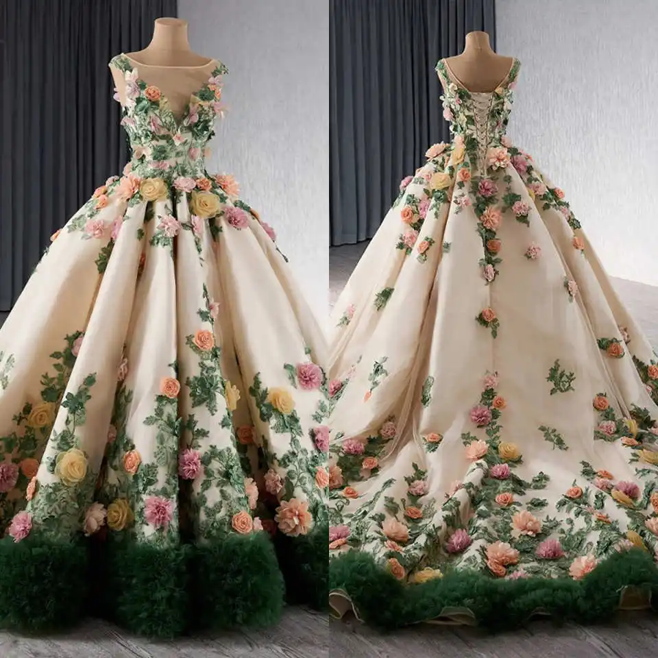 Brilliant Ball Gown Wedding Dresses Spaghetti Strap Appliques Lace-Up  Sweep Train Princess Bride Wedding Dress Customized