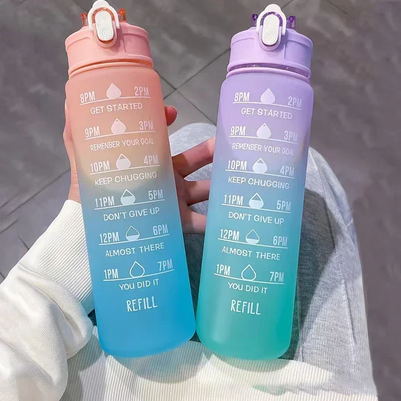 900ml Sports water Bottle High Temperature Resistant Graduated Straw Cup Rainbow Frosted Progressive Color Water Cup Plastic Cup