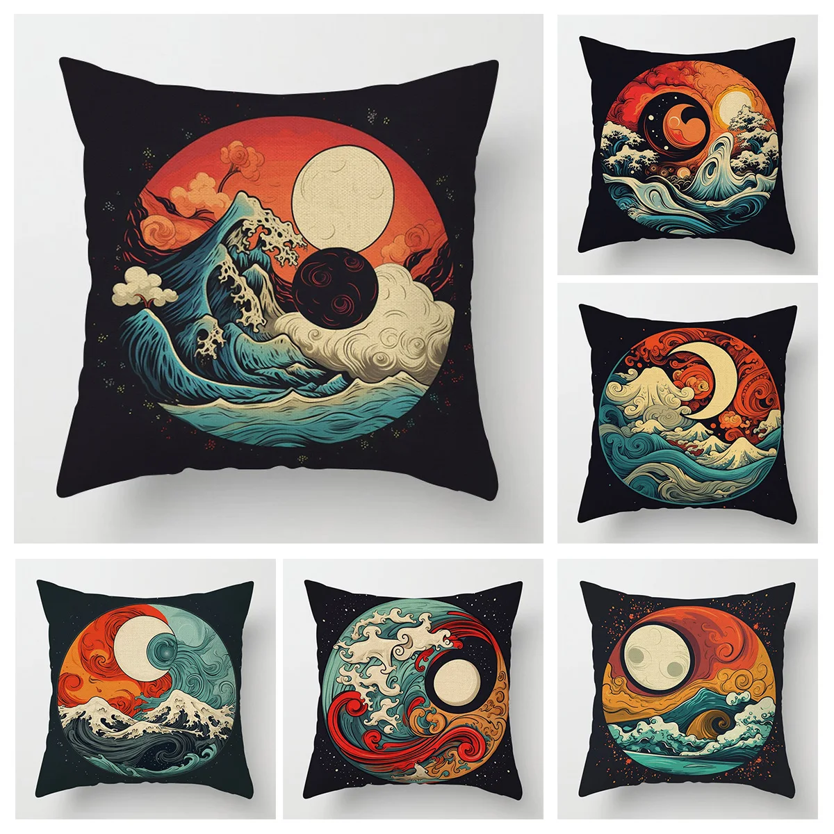 Ukiyo-e Inspired Pillow Cover - Dynamic Wave & Mountain Patterns in Circular Design, Perfect for Artistic Home Decor