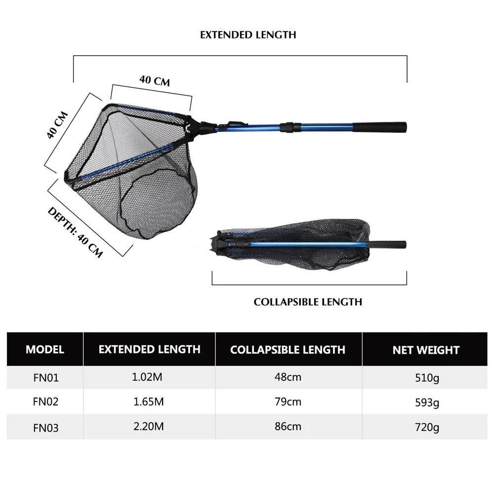 Goture Folding Fishing Landing Net 1.02M 1.65M 2.2M Rubber Network With Telescopic Fishing Pole