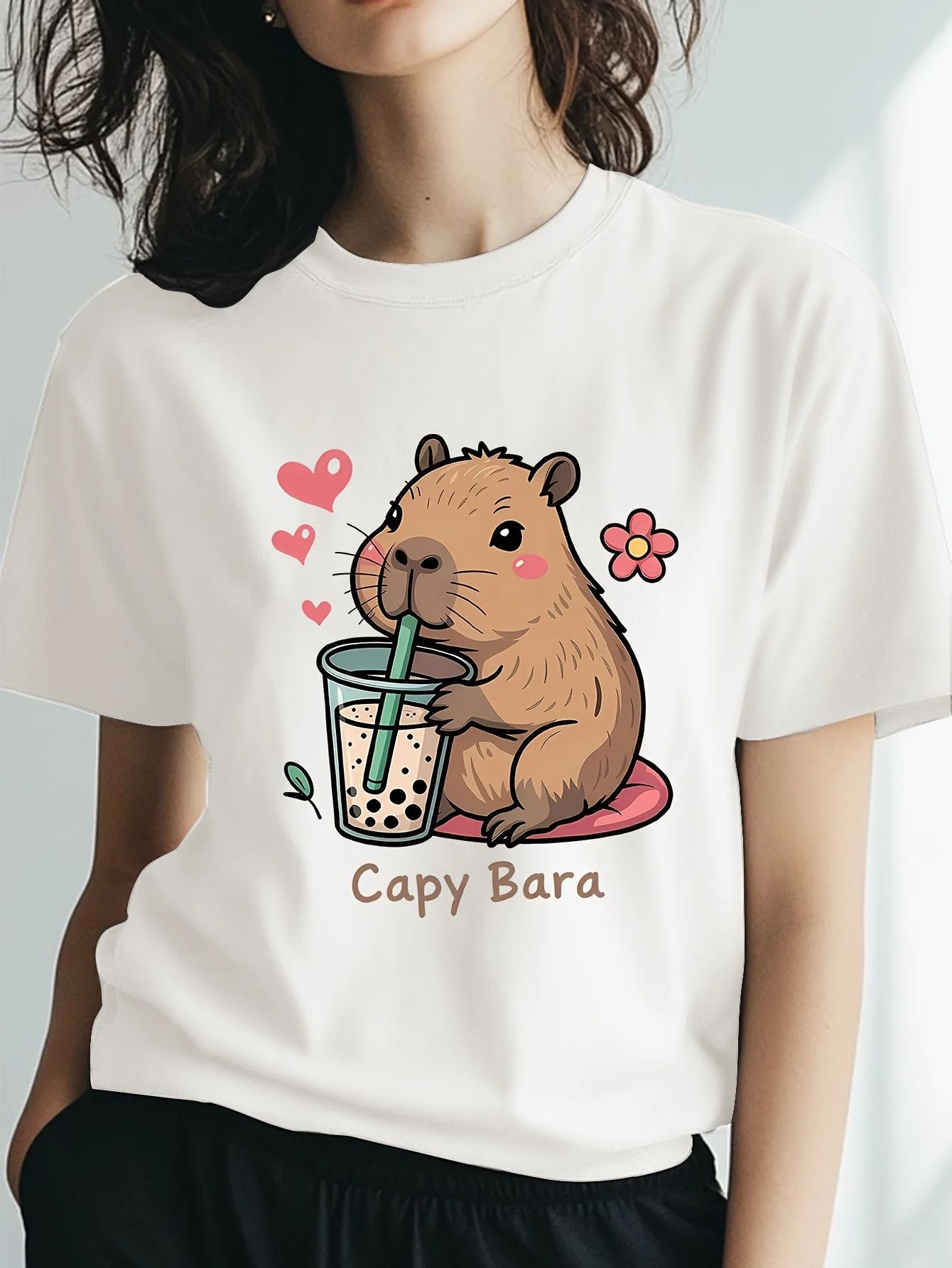 

Women's Cute Capybara Print T-Shirt Round Neck Short Sleeve Cotton Tees Retro Hip Hop Y2k T-shirt Summer Tops Women Clothing