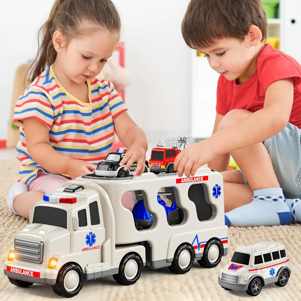 WizKidz 5-In-1 Play Ambulance Toy Vehicle Truck With Light & Sound for Kids 3-7 Years Old - Police Car Fire Truck Birthday Gift