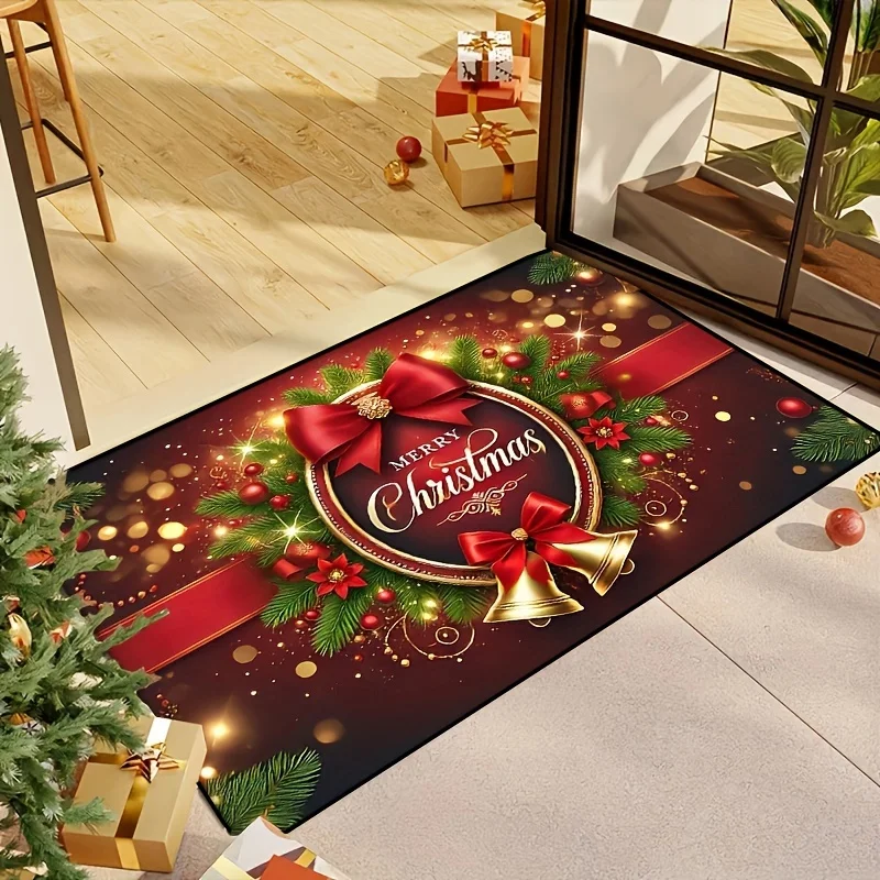 Merry Christmas Flannel Doormat Red Bow Golden Bell Anti Slip Front Door Rug Winter Holiday Home Entrance Xmas Decor St