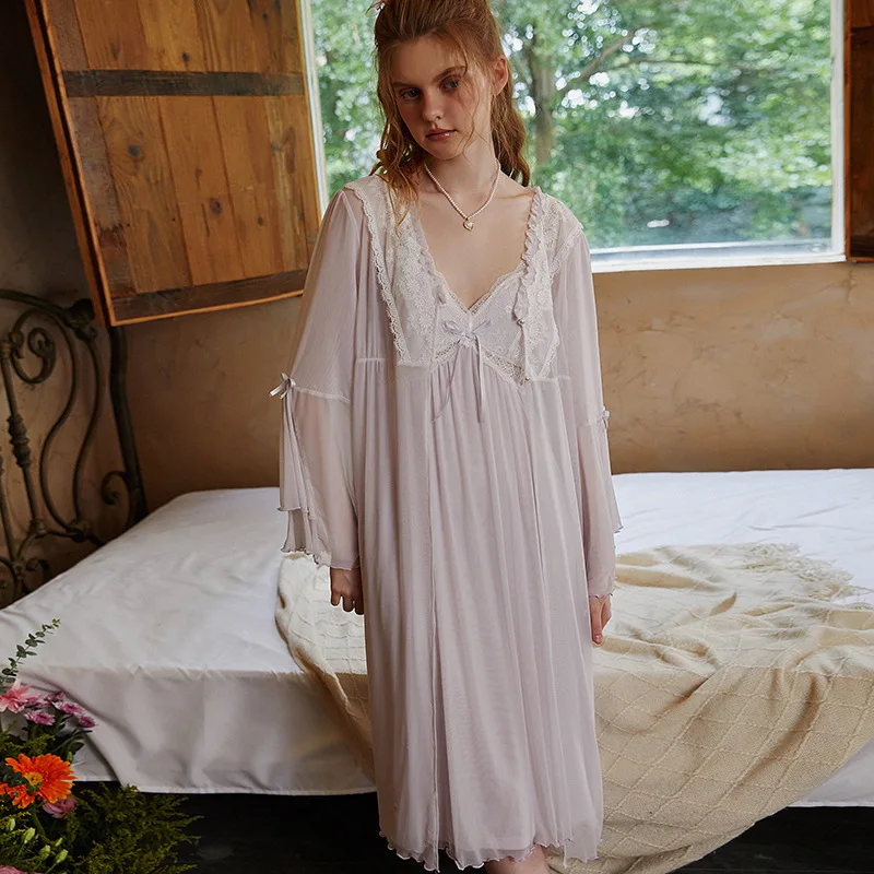 Sexy Mesh Night Dress Fairy Cotton Robe Two Piece Set Pijamas Nightwear Gown and Robe Sets Spring Autumn Modal Long Sleepwear