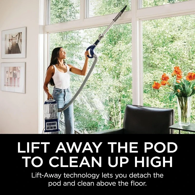مكنسة HOME NV360 Navigator Lift-Away Deluxe تستقيم مع سعة كوب غبار كبير، أداة المفروشات وأداة الشقوق، أزرق