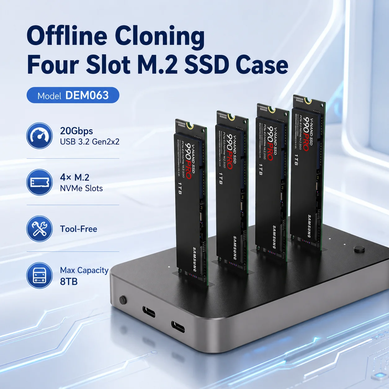 4-Bay Offline Clone NVMe PCIe Gen3x4 M.2 SSD Docking Station 20Gbps USB3.2 Gen2x2 Aluminum PD45W Max 8TB M Key SSD
