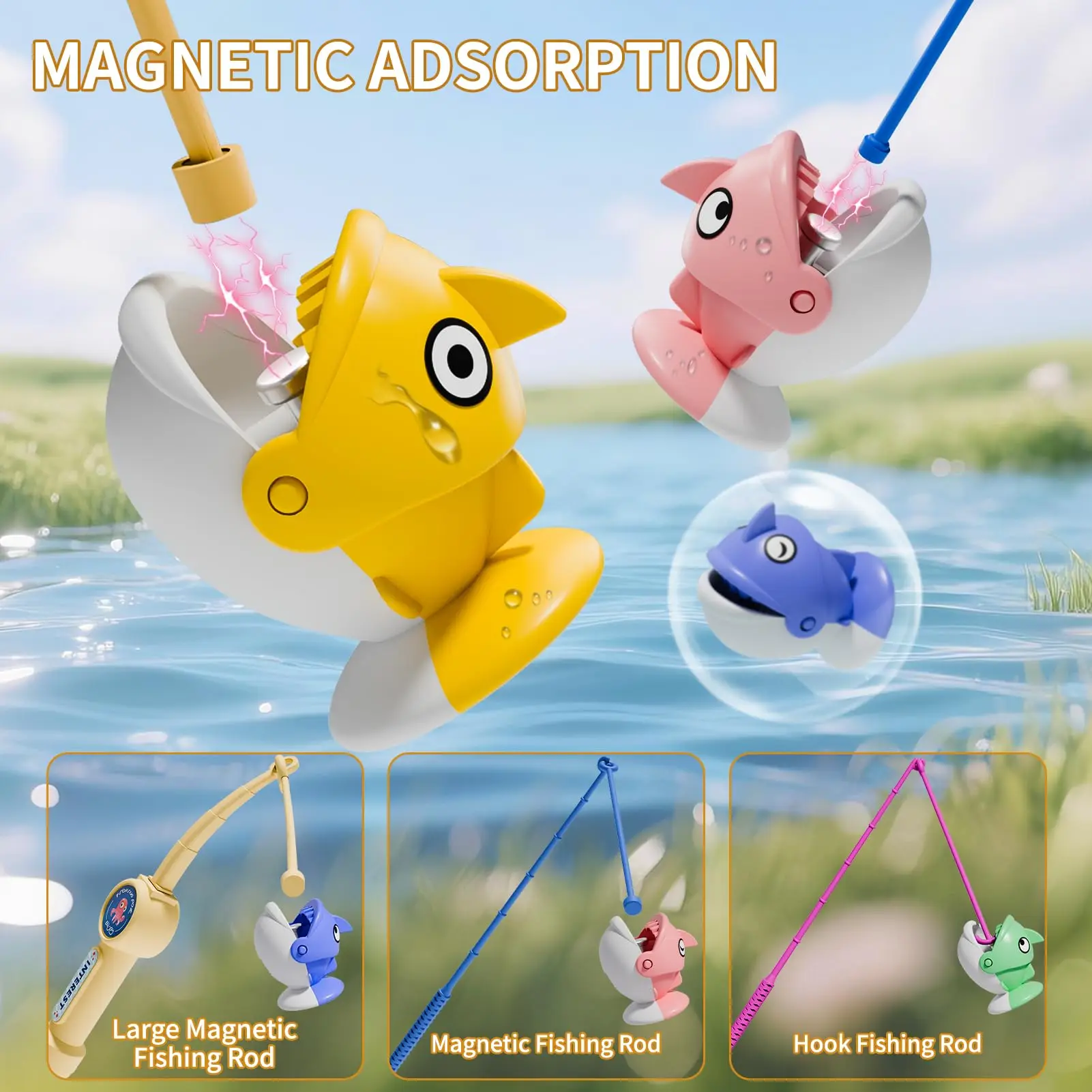 Jeu de pêche magnétique 360 °   Rotation - Jouet d'apprentissage éducatif avec 6 pôles et poisson 25/35/45 pour les enfants développe la motricité fine