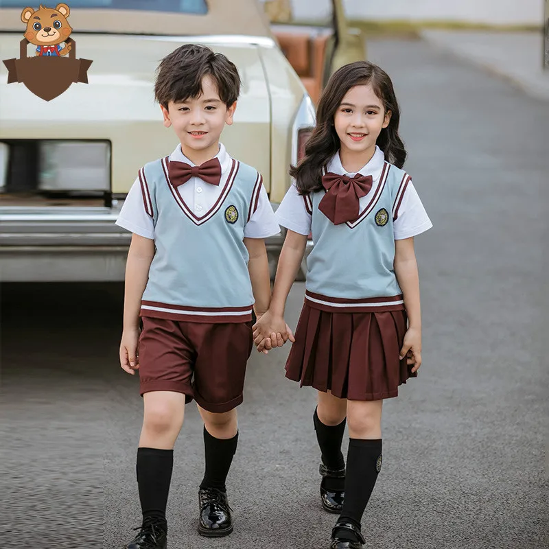British School Uniform Set for Kids, Short Sleeve Shirt Pleated Skirt Outfit, Korean Japanese Style Kindergarten Class Clothing