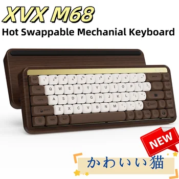 XVX CNC Whole Walnut M68 Hot Swappable Keyboard Gasket Structure RGB Backlight 60% Layout Coffee Cat Wooden Keyboard