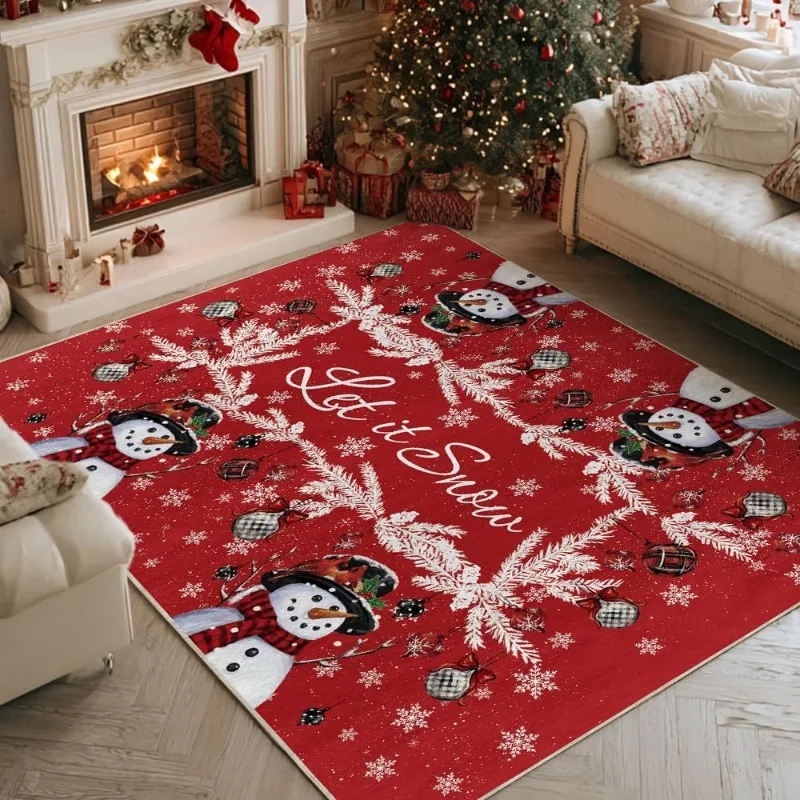 Christmas Snowman Printed Carpet Festive Red Winter Large Area Floor Rug for Living Room Fireplace Indoor Home New Year