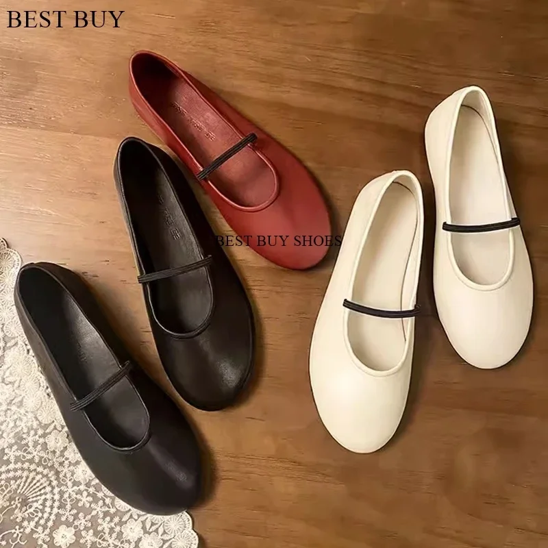 New Stylish Red Shallow Mouth Ballet Shoes Flat Black White Soft Leather Round Toe Slip on Simple Style Ballerina Cute Mules