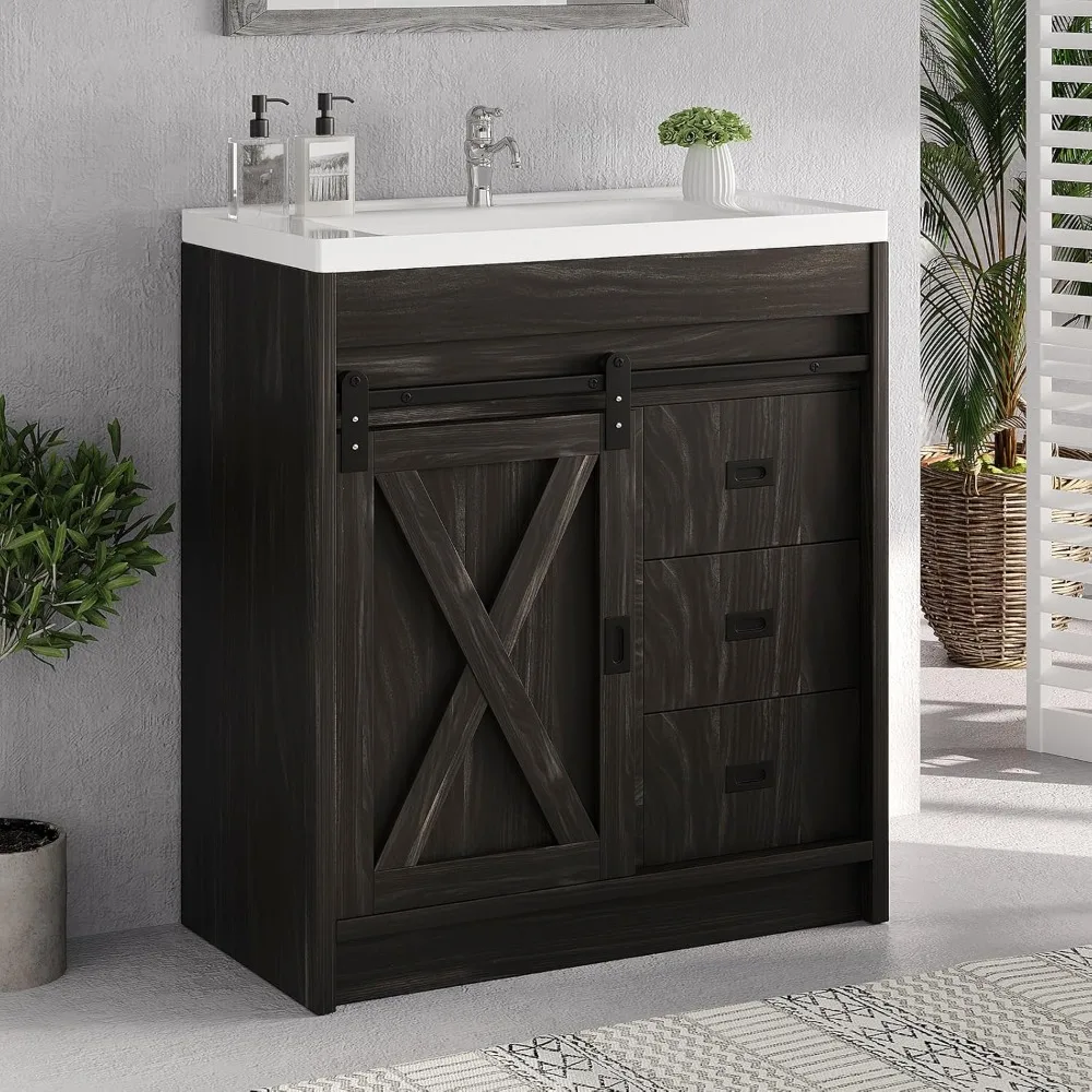 

Farmhouse Bathroom Vanity with Sink, Small Bathroom Vanity Cabinet with 2 Drawers & Sliding Barn Door, Brown