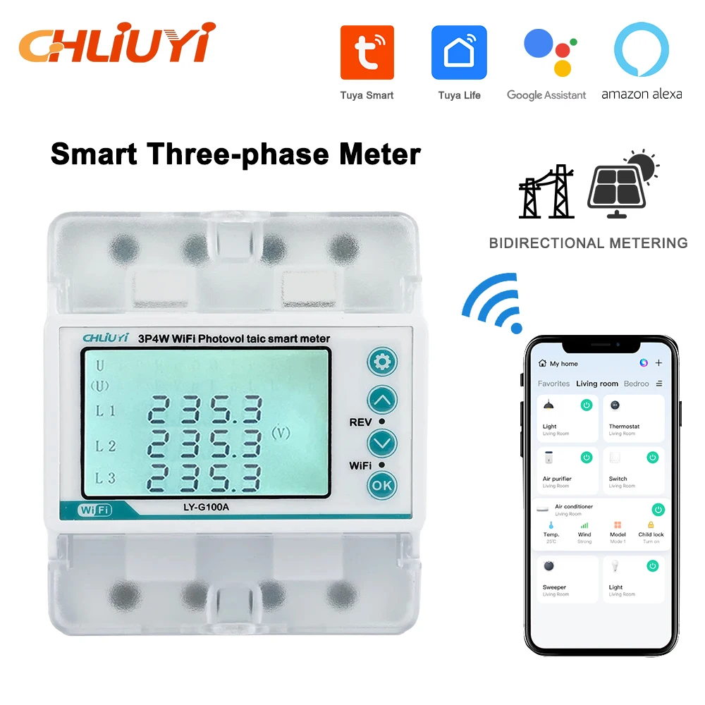 

3-фазные 4P автоматические выключатели Tuya Wi-Fi PV Smart Energy AC Power Current kWh Meter Реле защиты от пониженного напряжения 100A 380V