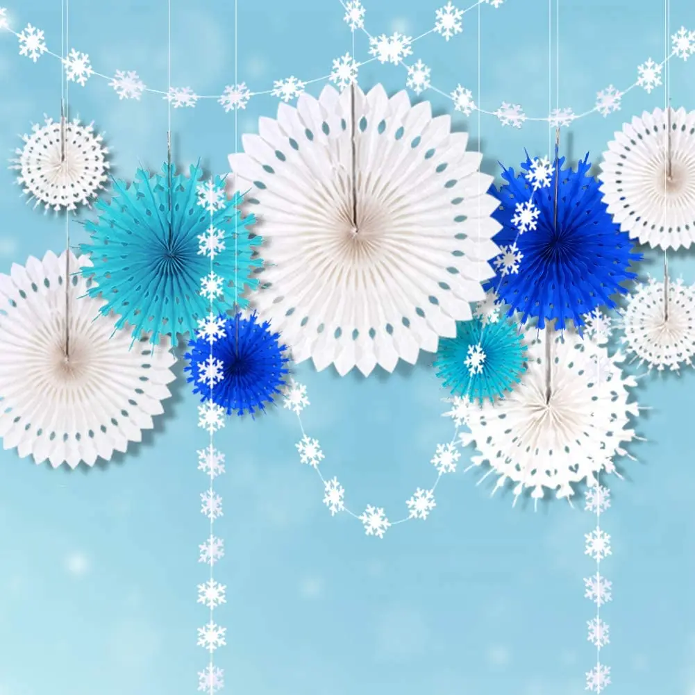 12Pcs Frozen Christmas Party Decor Paper Fan Snowflakes Blue White Snowflakes Winter Wonderland Birthday Party Wall Decoration