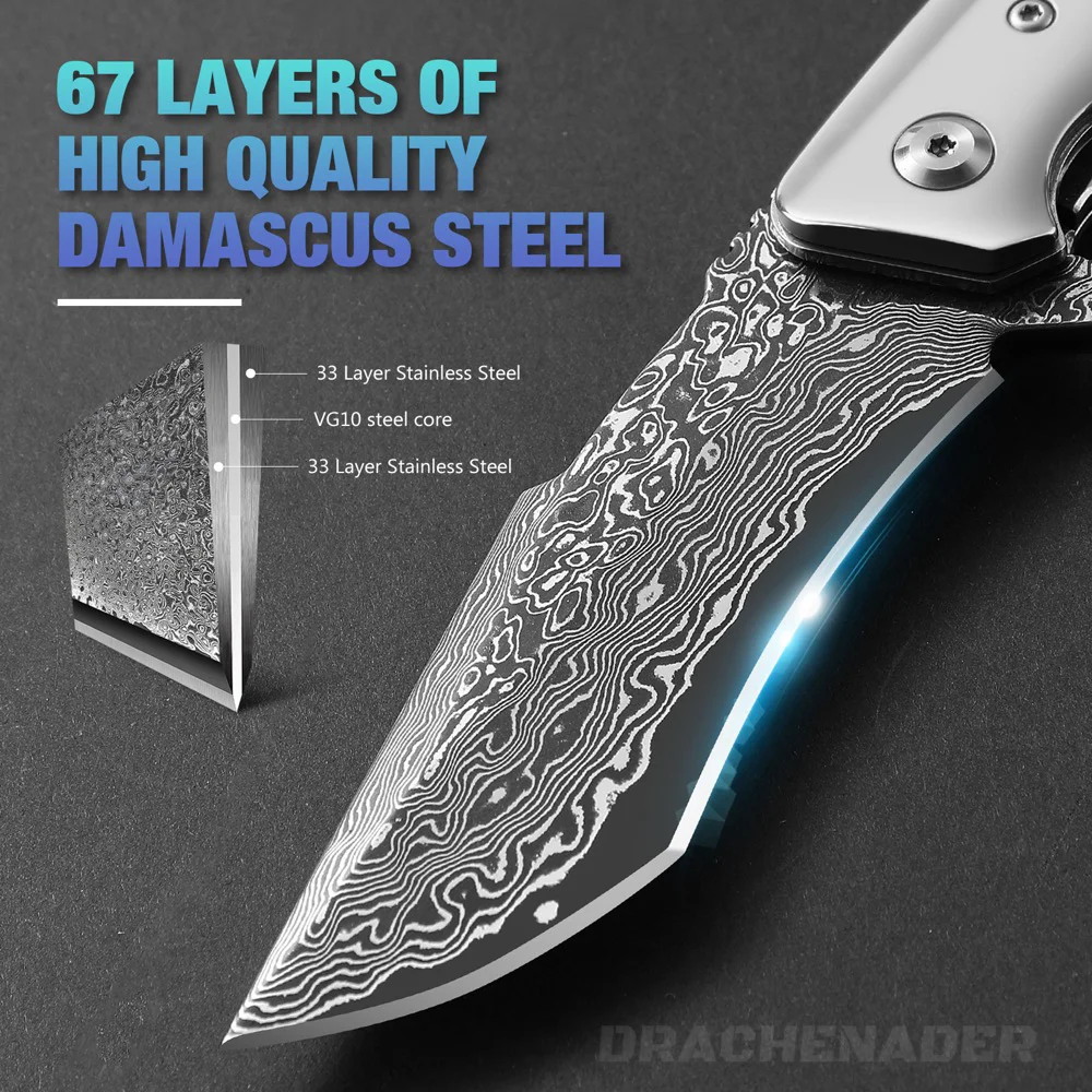 DRACHENADER Damascus Folding Knife Vg10 Core Pocket Knife for Men Knives for Outdoor Camping Hunting Edc Pocket Multitoola