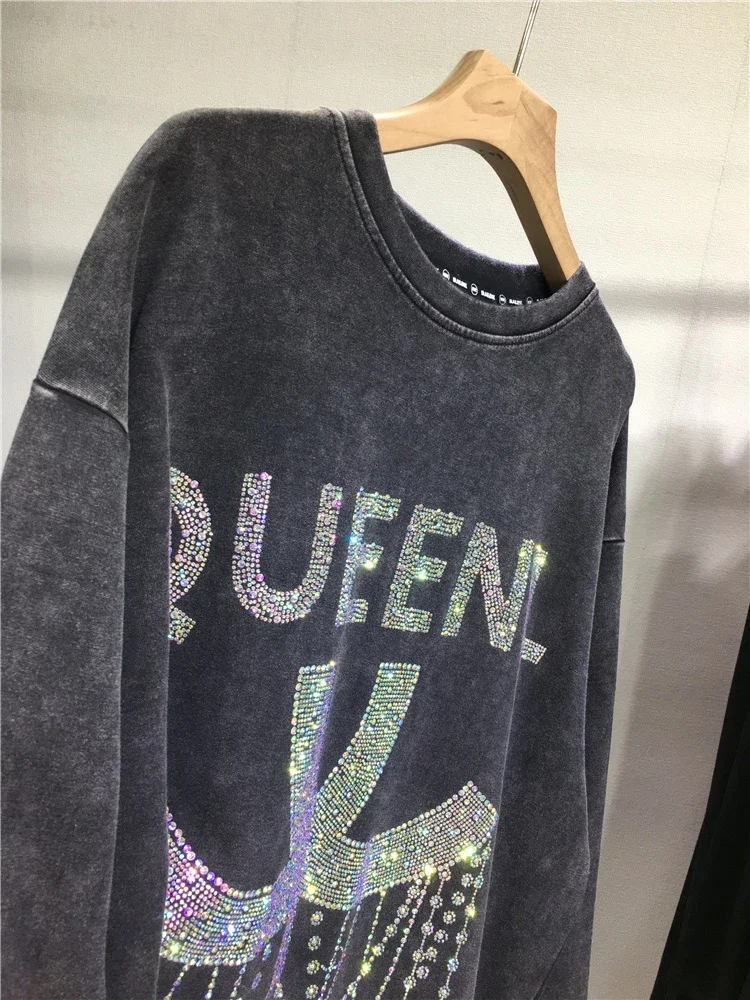 High Quality Hot Drilling Female Sweatshirt 2024 New Mid-long Loose O-neck Pullover Top Letters Diamonds Oversize Casual Hoodie