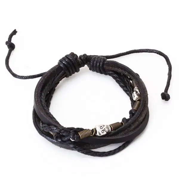 Mens Gothic Punk Surfer Tribal Linned Leather Wristband Charm Bracelet BLK