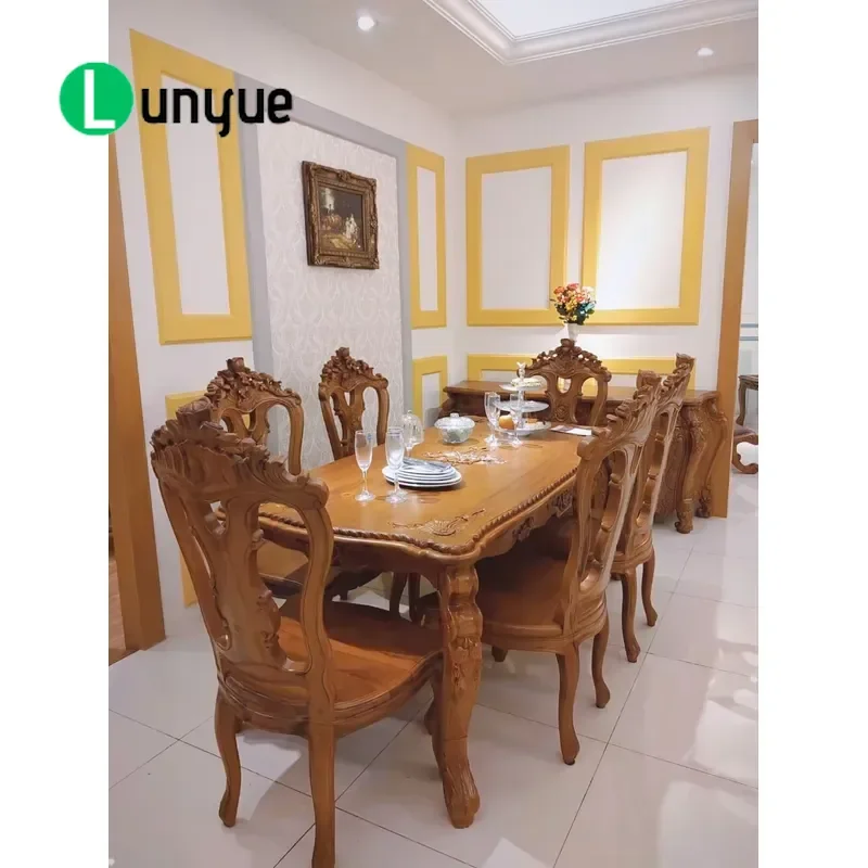 European Hand Carved Teak Dining Table Set Sustainable Durable Wood Furniture for Home Kitchen Restaurant Dining Room Decor