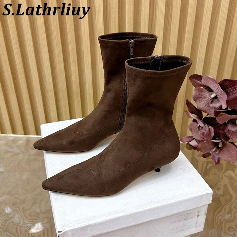 Women Thin High Heel Mid Calf Boots Suede Pointed Toe Stretch Fabric Slim Long Booties Spring Autumn Zapatos De Mujer 2025