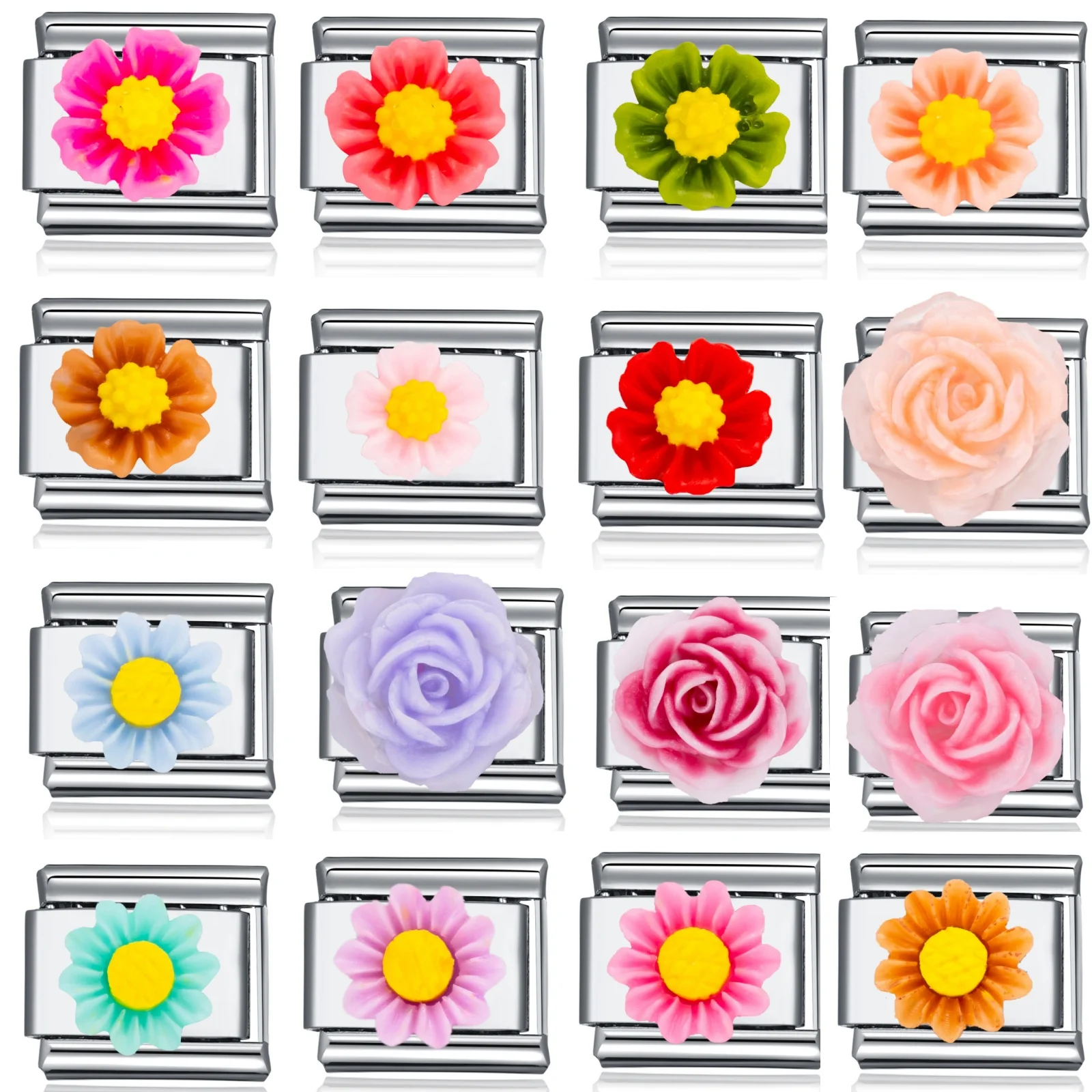 

New Fashion Color Chrysanthemum Rose Flower Flower Gift for Girls Italy Link Bracelet Stainless Steel Jewelry DIY Making