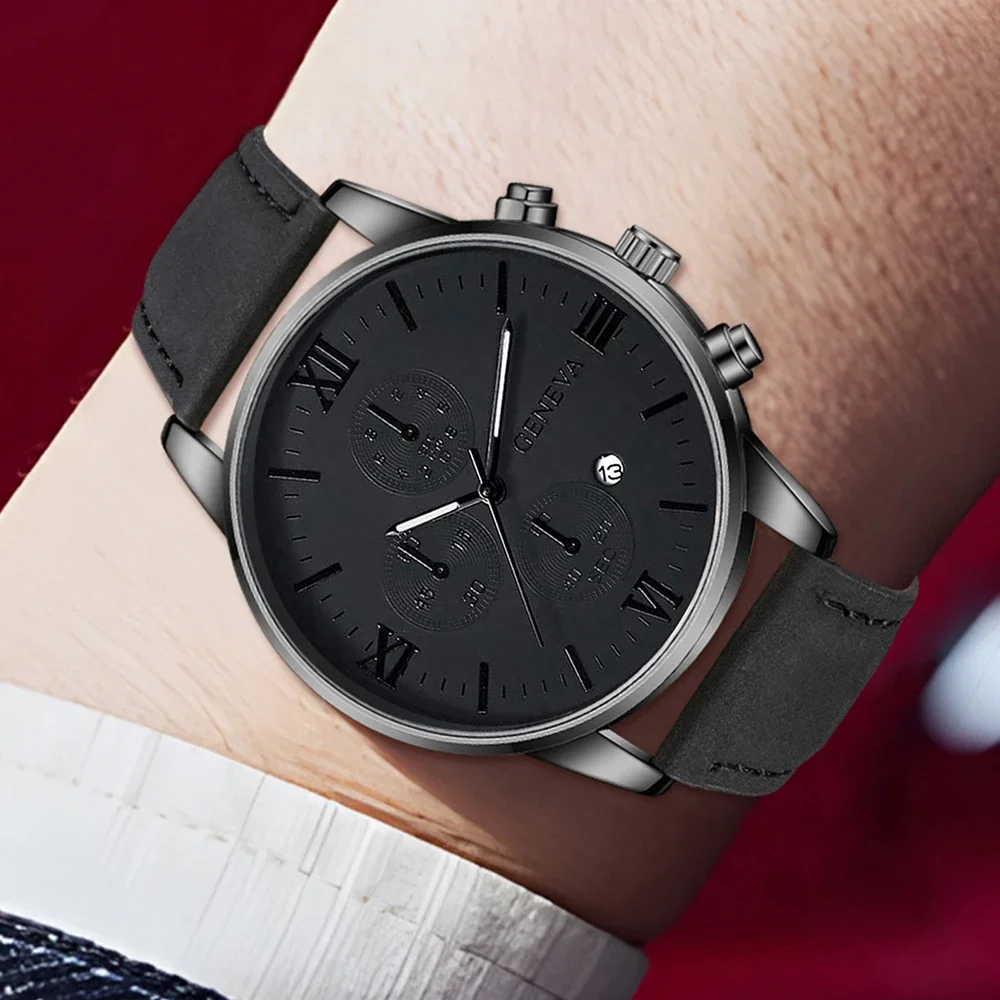 3PCS Black Men's Watch Set Business Trend Quartz Watch Bracelet Necklace Set Suitable for Daily Clothing Matching Perfect Gift