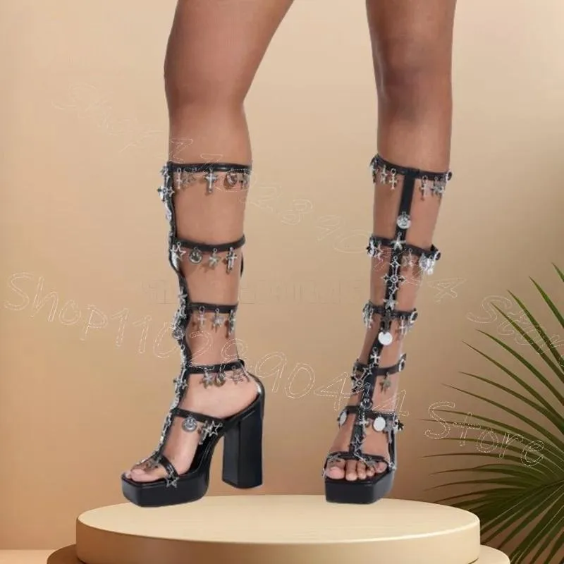 

Metal Decor Black Hollow Design Sandals Boots Buckle Strap Women Shoes Chunky High Heels Party Banquet 2025 Zapatos Para Mujere