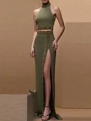 HIGH STREET Newest Fashion 2026 Designer Runway Suit Set Women's Diamonds Beaded Halter Tops Camis Long Skirt Set 2pcs