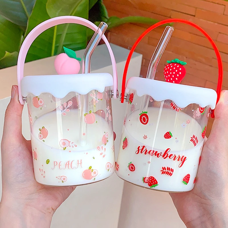 Kawaii Strawberry Peach Glass Cup For Coffee Water Juice Milk Tea Creative Fruit Portable Glass Cups With Lid Straw Scale Handle