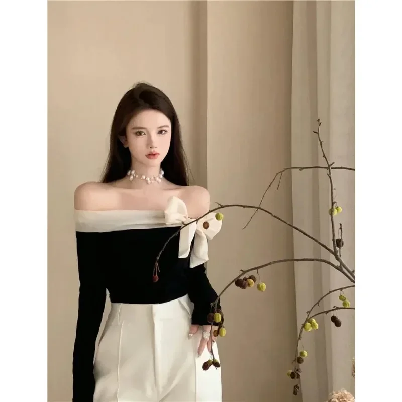 JOEVILU Off Shoulder Bow T-Shirt Women Sexy Exposed Clavicle Crop Top Spring and Autumn Korean Elegant Long Sleeve Bottom Shirts