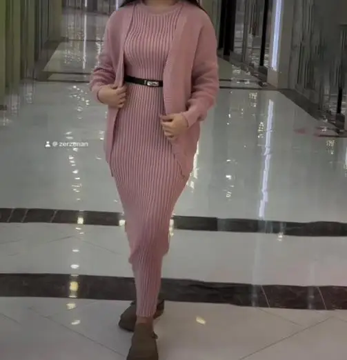 

Two Piece Set Women Outfit 2025 New Spring Autumn Casual Round Neck Slim Fit Lazy Style Long Dress & Long Sleeve Knit Cardigan