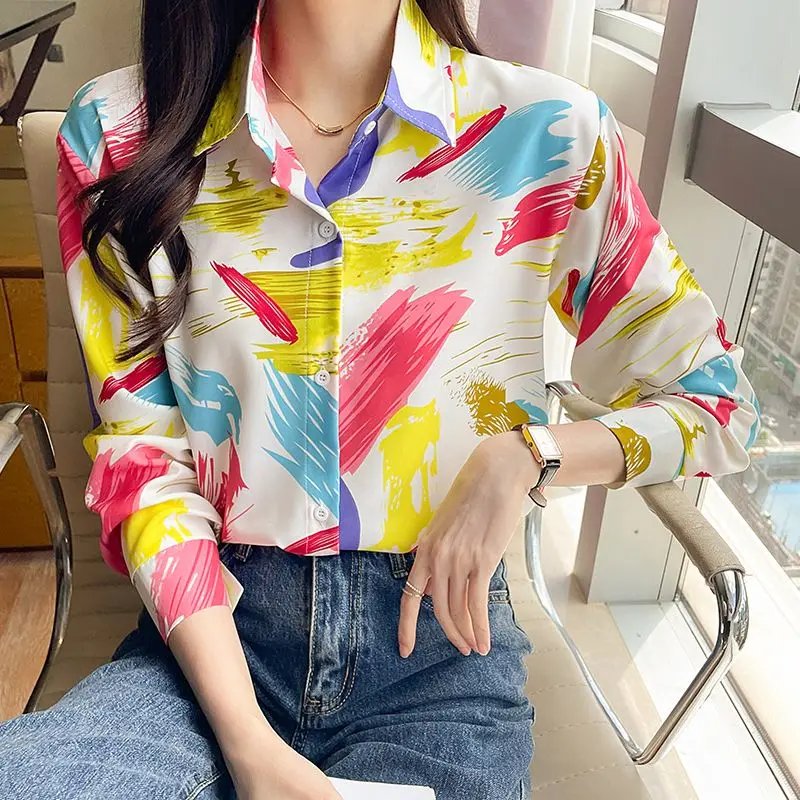 Spring Autumn Fashion Turn-down Collar Long Sleeve Printing Women's Clothing Blouses Popularity Loose Trend Simplicity Shirts