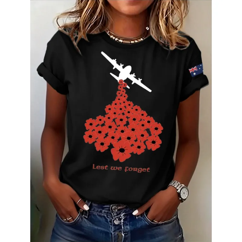 Women's Anzac Day Lest We Forget Print T-Shirts Summer Casual Round Neck T Shirt Short Sleeve Tops
