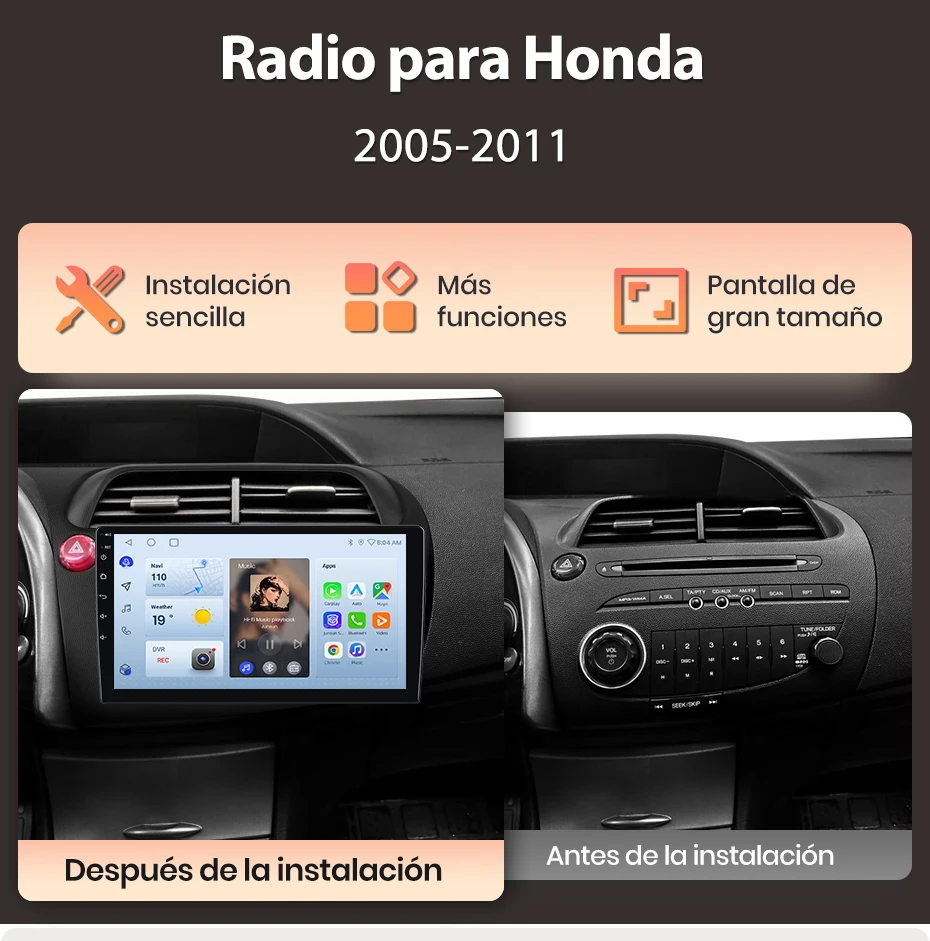 Junsun Radio VozAI für Honda Civic Hatchback 2005-2011 Kabelloses CarPlay AndroidAuto Autoradio 2DIN mit Bluetooth DAB+ GPS RDS – Detail 3