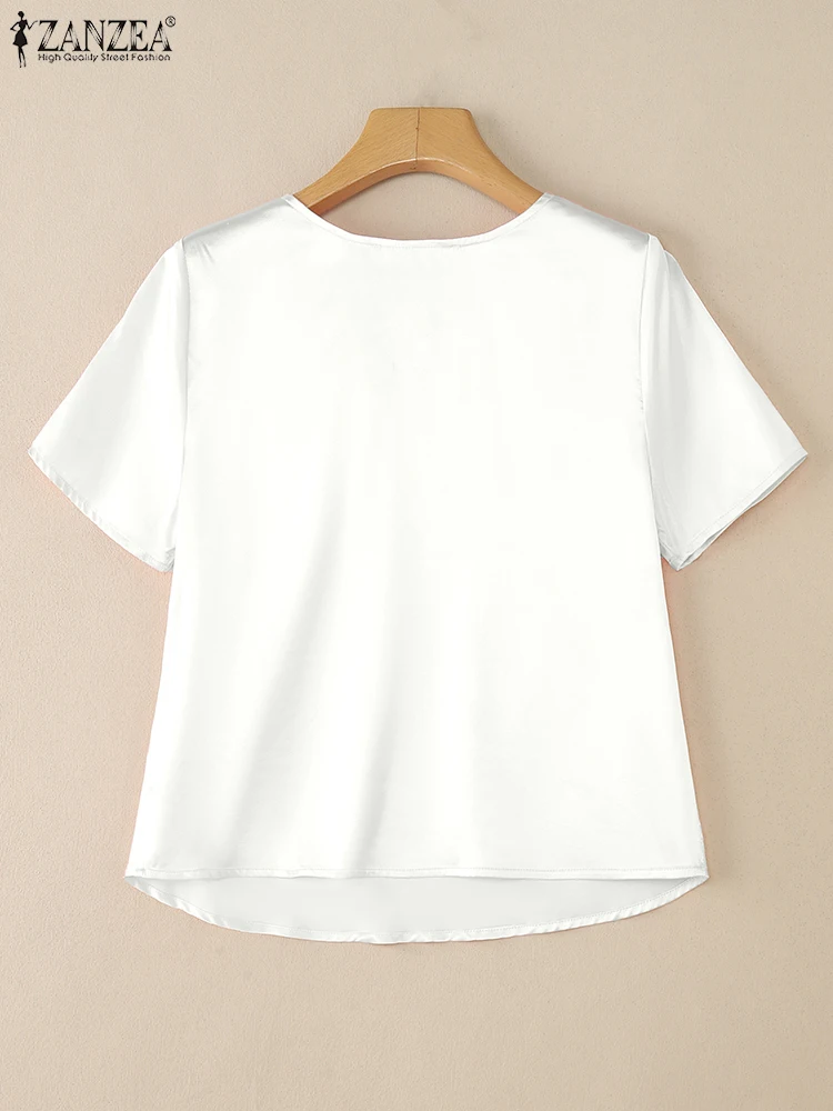 ZANZEA-Blusas de satén con escote asimétrico para Mujer, Blusas de manga corta con detalle de lazo elegante, Tops lisos para fiesta de verano 2025