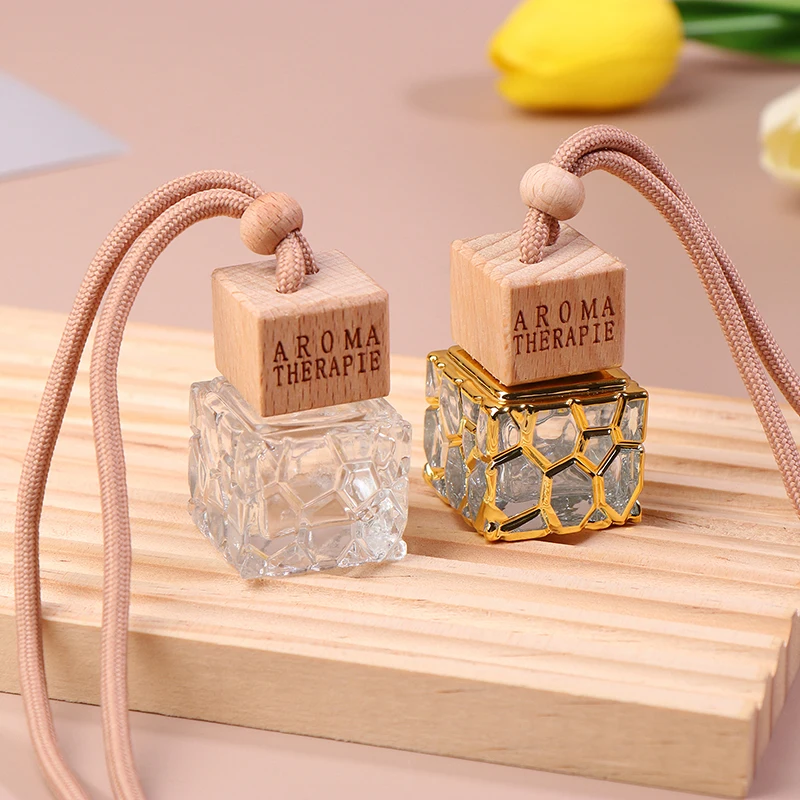 10ml Square Wooden Cap Car Perfume Bottle For Essential Oils Air Freshener Auto Ornament Car-styling Perfume Pendant