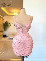 Pink Pearls Beaded Short Cocktail Dress Spaghetti Strap Sleeveless Prom Party Dress Mini Graduation Fahsion vestidos de cóctel