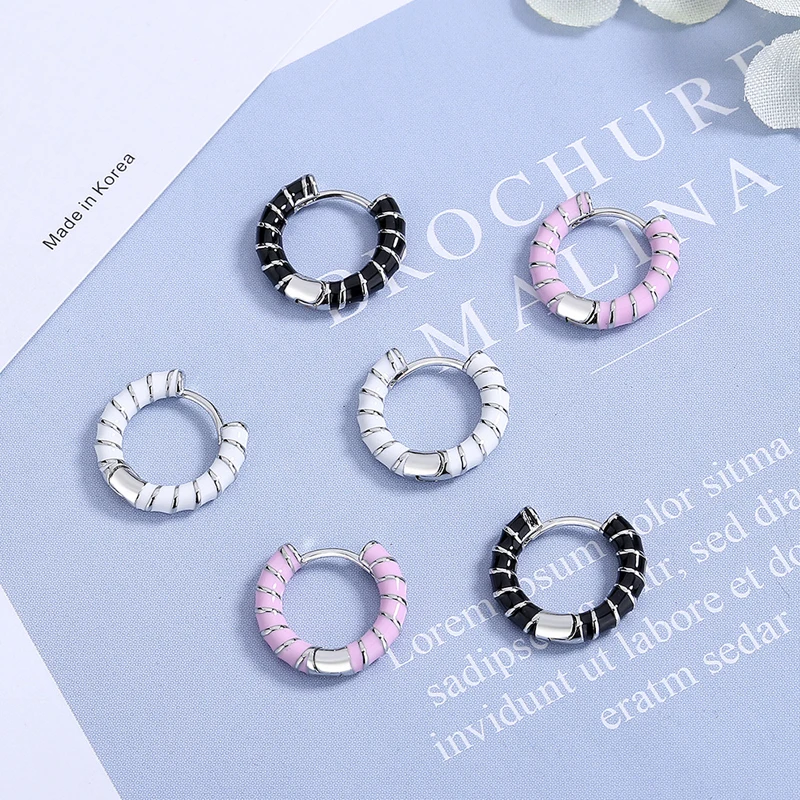 KOFSAC Occident Fashion Black White Pink Hoop Earrings For Women New 925 Sterling Silver Jewelry Cute Girl Earring Gifts
