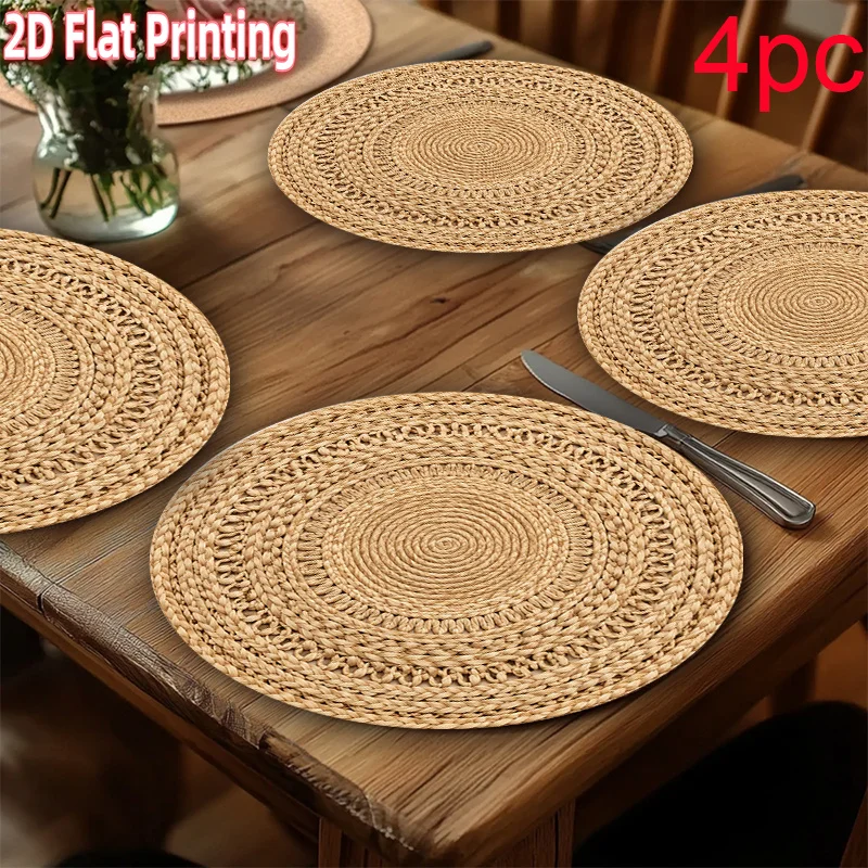 4-Pack Natural Fiber Round Placemats, Suitable for Parties and Gatherings. The table mats feature a woven natural fiber design with machine-washable fabric, ideal for decorative table settings, dining tables and Christmas decorations; 2D flat style