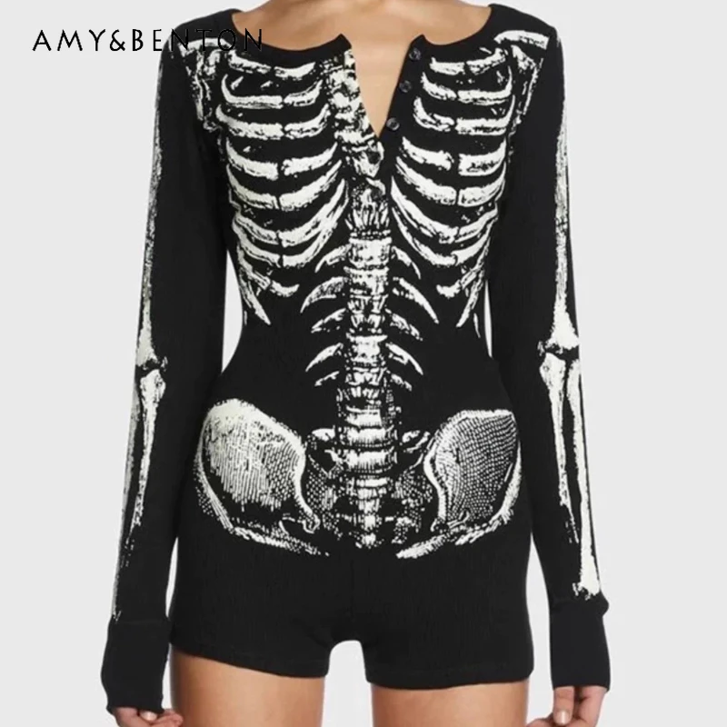 

Punk Dark Sweet Spicy Printed Round Neck Women's Jumpsuit Autumn New Sexy Tight Fitting Slimming Long Sleeved Rompers Ladies