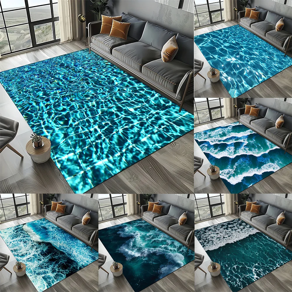 2D Beach Wave Printed Carpet Living Room Rug Bedroom Carpet Game Room Carpet Anti-slip Mat for Children's Room Multiple Sizes